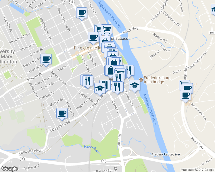 map of restaurants, bars, coffee shops, grocery stores, and more near 5 Lafayette Station in Fredericksburg