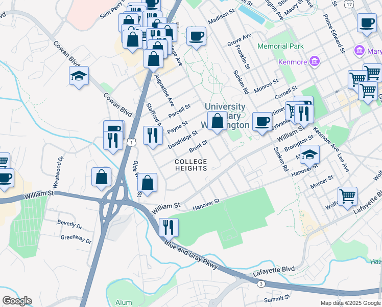 map of restaurants, bars, coffee shops, grocery stores, and more near 1308 Brent Street in Fredericksburg