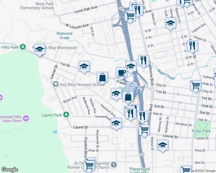 map of restaurants, bars, coffee shops, grocery stores, and more near 170 Valley Oak Drive in Napa