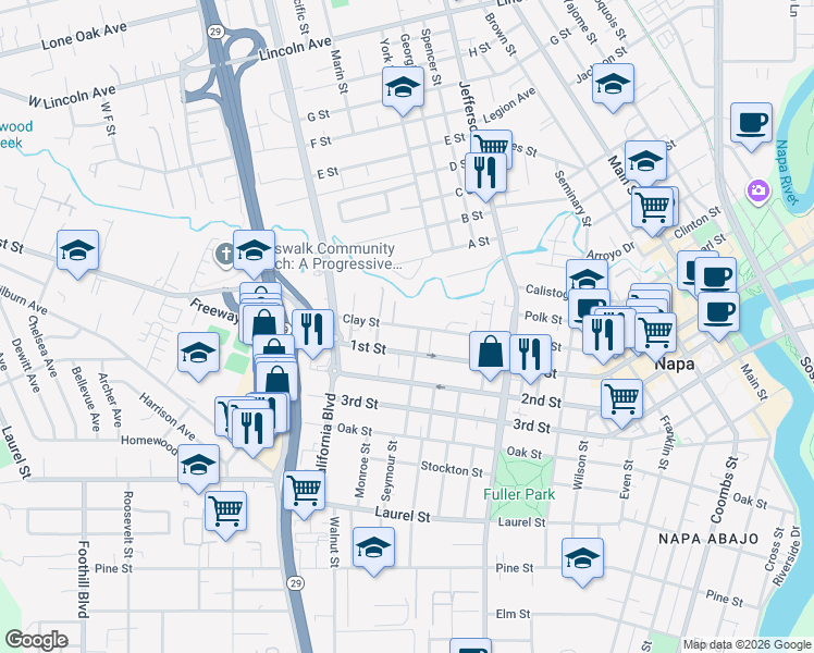 map of restaurants, bars, coffee shops, grocery stores, and more near 2232 West Clay Street in Napa