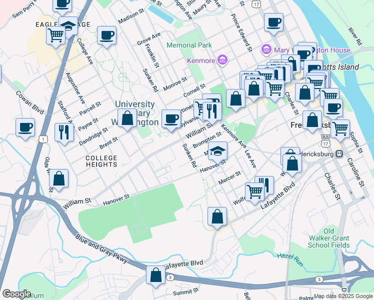 map of restaurants, bars, coffee shops, grocery stores, and more near 1001 Sunken Rd in Fredericksburg