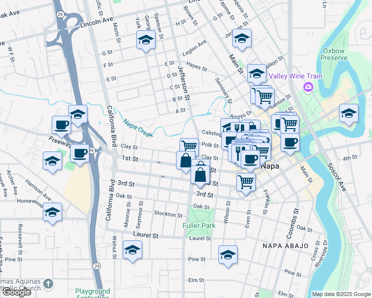 map of restaurants, bars, coffee shops, grocery stores, and more near 1031 Jefferson Street in Napa
