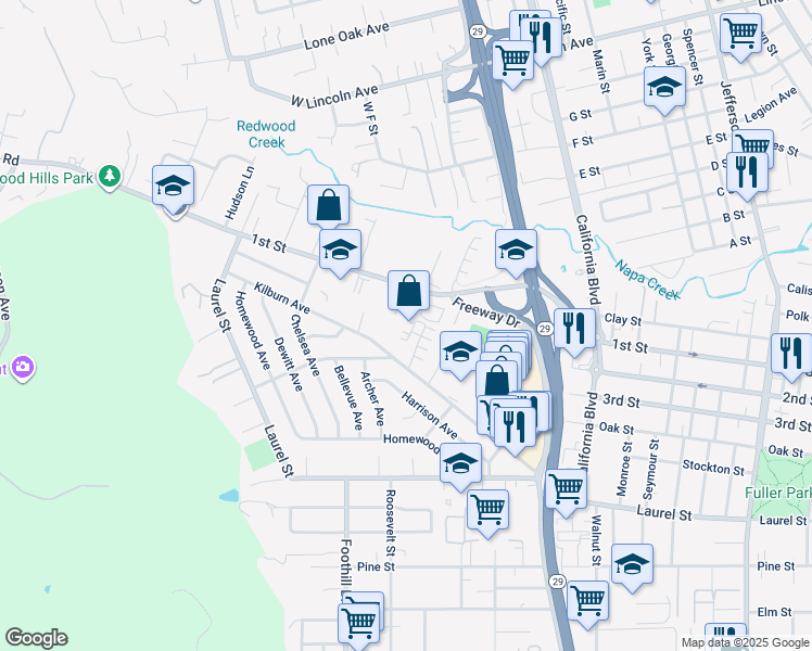 map of restaurants, bars, coffee shops, grocery stores, and more near 2812 Kilburn Avenue in Napa