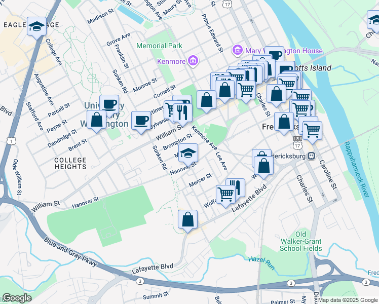map of restaurants, bars, coffee shops, grocery stores, and more near 824 Marye Street in Fredericksburg