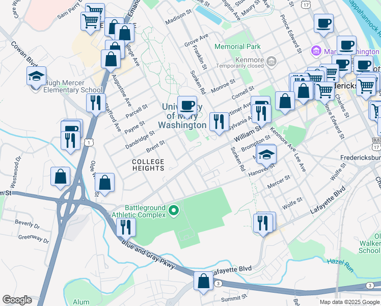 map of restaurants, bars, coffee shops, grocery stores, and more near 1303 College Avenue in Fredericksburg