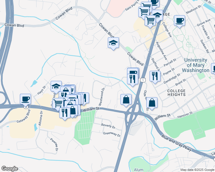 map of restaurants, bars, coffee shops, grocery stores, and more near Woodland Road in Fredericksburg