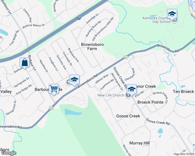 map of restaurants, bars, coffee shops, grocery stores, and more near 8411 Brownsboro Road in Louisville
