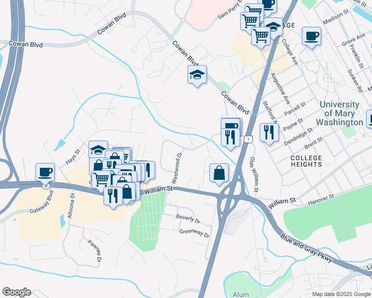 map of restaurants, bars, coffee shops, grocery stores, and more near Woodland Road in Fredericksburg