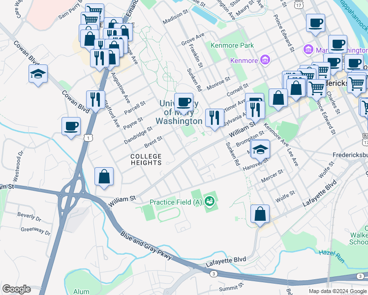 map of restaurants, bars, coffee shops, grocery stores, and more near 1098 College Avenue in Fredericksburg