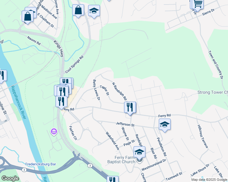 map of restaurants, bars, coffee shops, grocery stores, and more near 226 North Randolph Road in Fredericksburg
