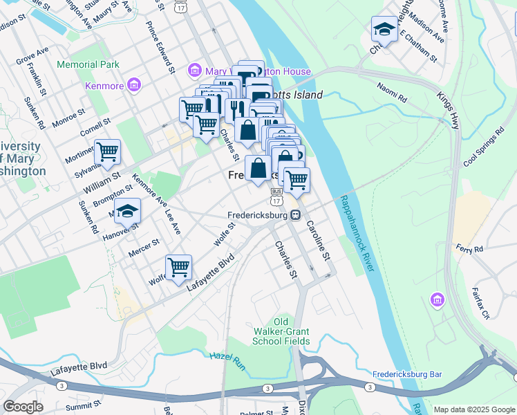 map of restaurants, bars, coffee shops, grocery stores, and more near 320 Wolfe Street in Fredericksburg