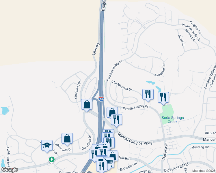 map of restaurants, bars, coffee shops, grocery stores, and more near 4265 The Masters Drive in Fairfield