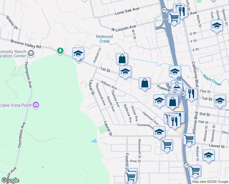 map of restaurants, bars, coffee shops, grocery stores, and more near 220 Chelsea Avenue in Napa