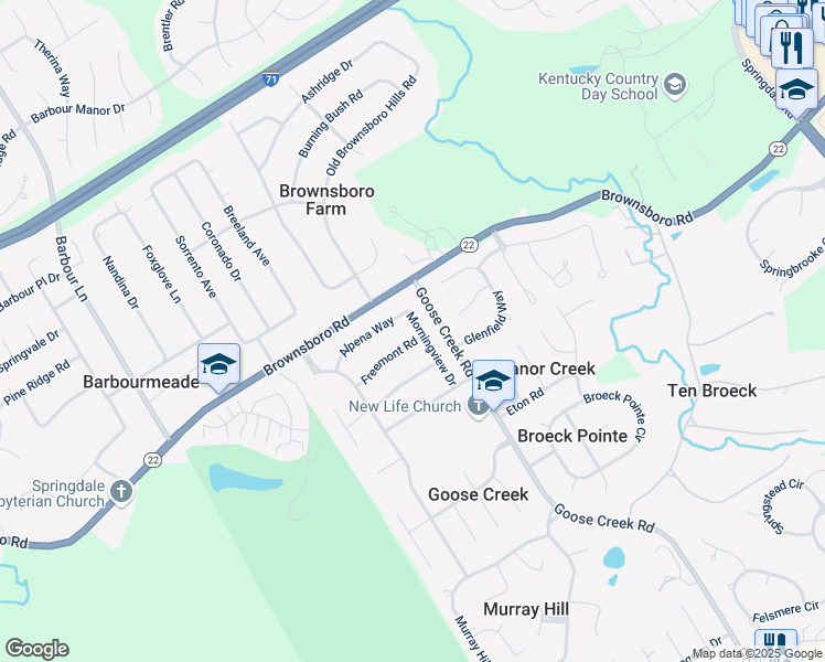 map of restaurants, bars, coffee shops, grocery stores, and more near 8319 Alpena Way in Louisville