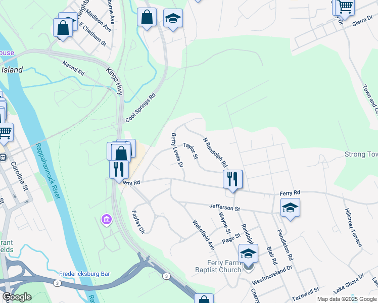 map of restaurants, bars, coffee shops, grocery stores, and more near 226 Taylor Street in Fredericksburg