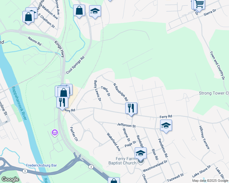 map of restaurants, bars, coffee shops, grocery stores, and more near 226 North Randolph Road in Fredericksburg