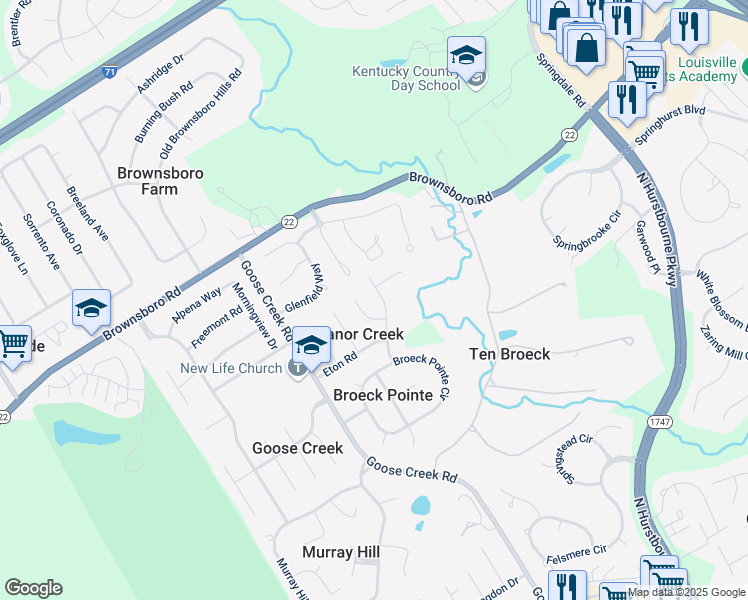 map of restaurants, bars, coffee shops, grocery stores, and more near 3600 Rems Road in Louisville