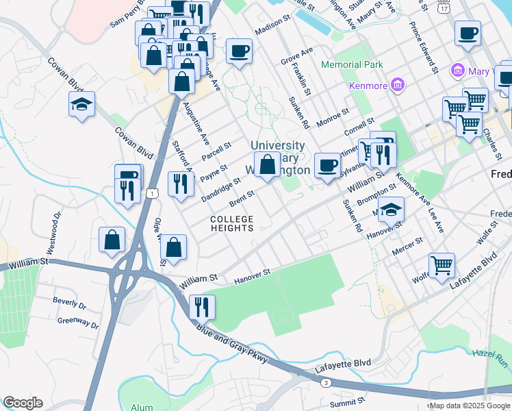 map of restaurants, bars, coffee shops, grocery stores, and more near 1206 Colony Road in Fredericksburg