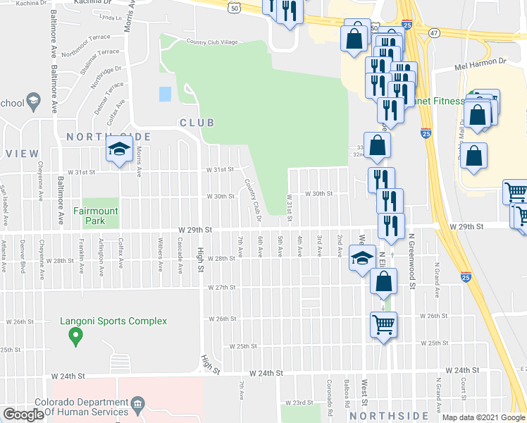 map of restaurants, bars, coffee shops, grocery stores, and more near 2918 Country Club Drive in Pueblo