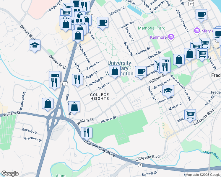 map of restaurants, bars, coffee shops, grocery stores, and more near 1206 Colony Road in Fredericksburg