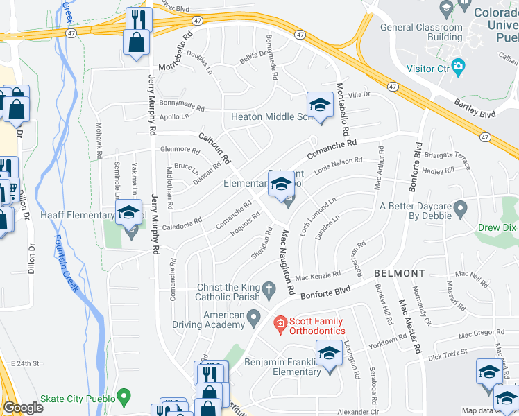 map of restaurants, bars, coffee shops, grocery stores, and more near 1829 Iroquois Road in Pueblo