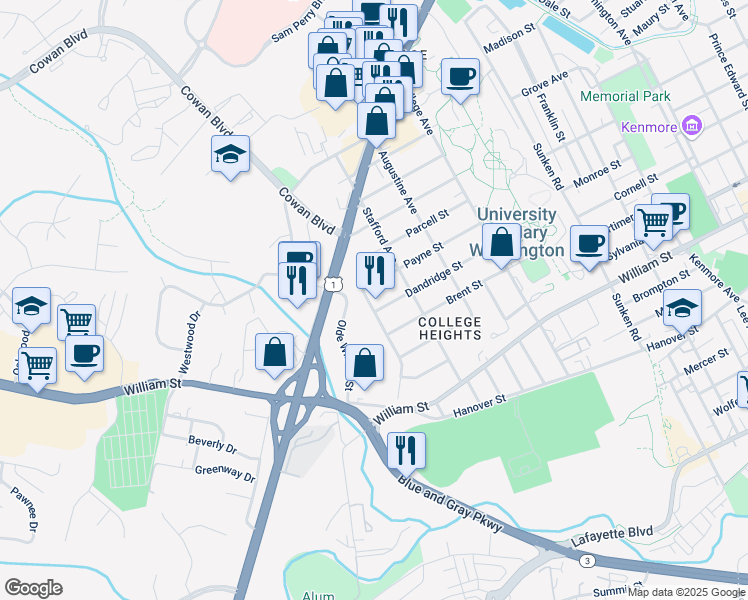 map of restaurants, bars, coffee shops, grocery stores, and more near 1423 Dandridge Street in Fredericksburg