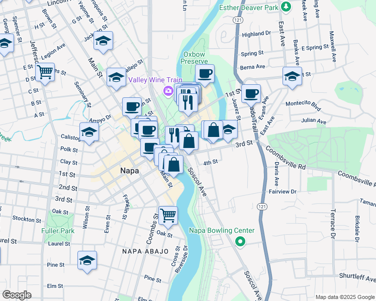 map of restaurants, bars, coffee shops, grocery stores, and more near 802 3rd St in Napa