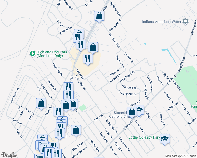 map of restaurants, bars, coffee shops, grocery stores, and more near 1027 Coots Avenue in Jeffersonville