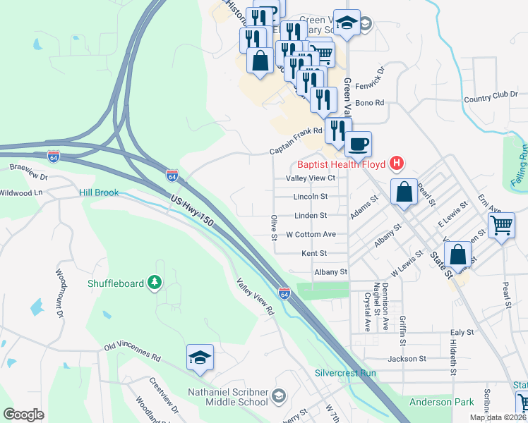 map of restaurants, bars, coffee shops, grocery stores, and more near 1805 Olive Street in New Albany