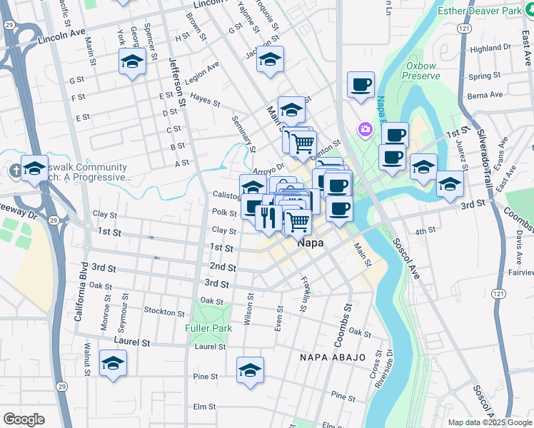 map of restaurants, bars, coffee shops, grocery stores, and more near 1240 Pearl Street in Napa