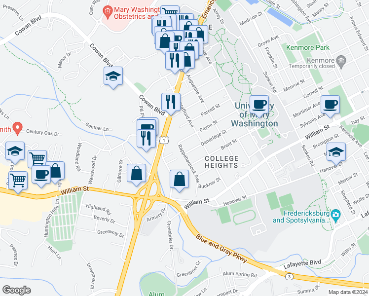 map of restaurants, bars, coffee shops, grocery stores, and more near 1423 Dandridge Street in Fredericksburg