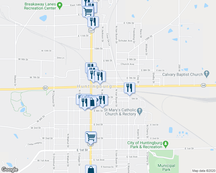 map of restaurants, bars, coffee shops, grocery stores, and more near 501 East 6th Street in Huntingburg