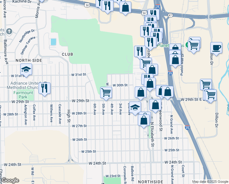 map of restaurants, bars, coffee shops, grocery stores, and more near 2939 4th Avenue in Pueblo