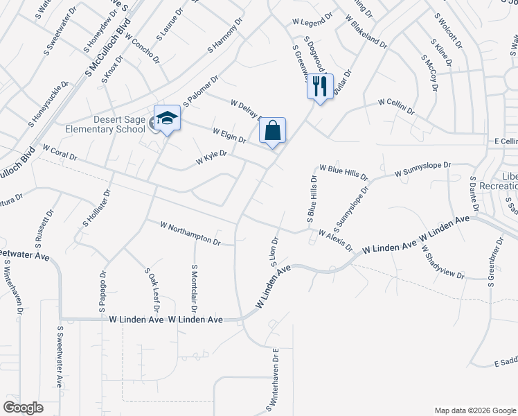 map of restaurants, bars, coffee shops, grocery stores, and more near 195 West Greenway Court in Pueblo West