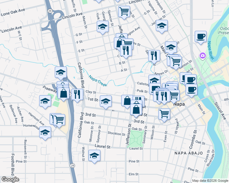 map of restaurants, bars, coffee shops, grocery stores, and more near 2168 Clay Street in Napa