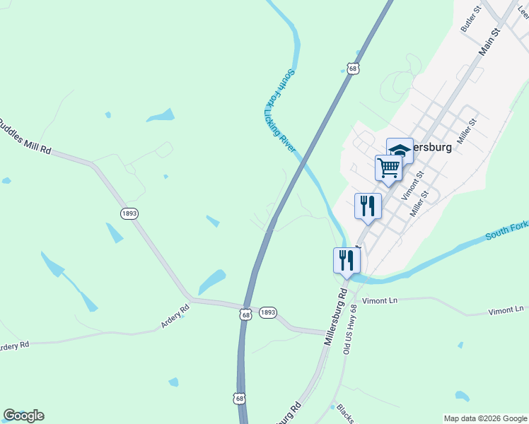map of restaurants, bars, coffee shops, grocery stores, and more near 186 Shipville Road in Millersburg