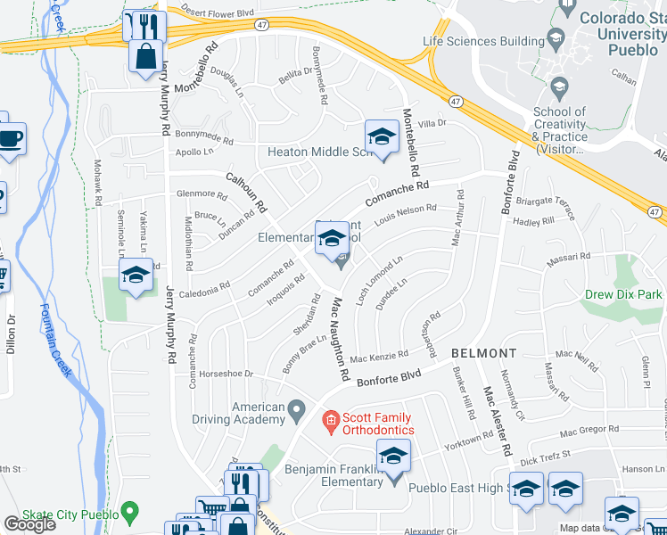 map of restaurants, bars, coffee shops, grocery stores, and more near 31 Macnaughton Road in Pueblo