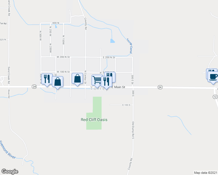 map of restaurants, bars, coffee shops, grocery stores, and more near 81 North 200 East Street in Torrey