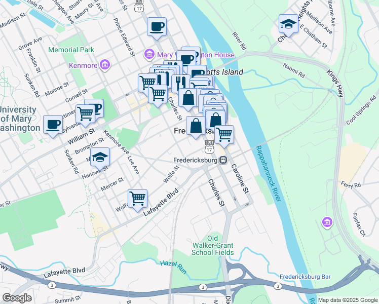 map of restaurants, bars, coffee shops, grocery stores, and more near 323 Wolfe Street in Fredericksburg