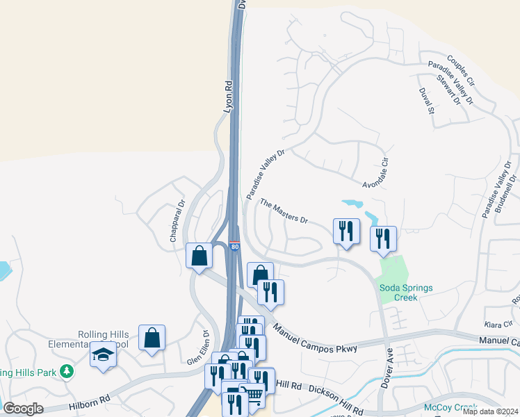map of restaurants, bars, coffee shops, grocery stores, and more near 4146 The Masters Drive in Fairfield