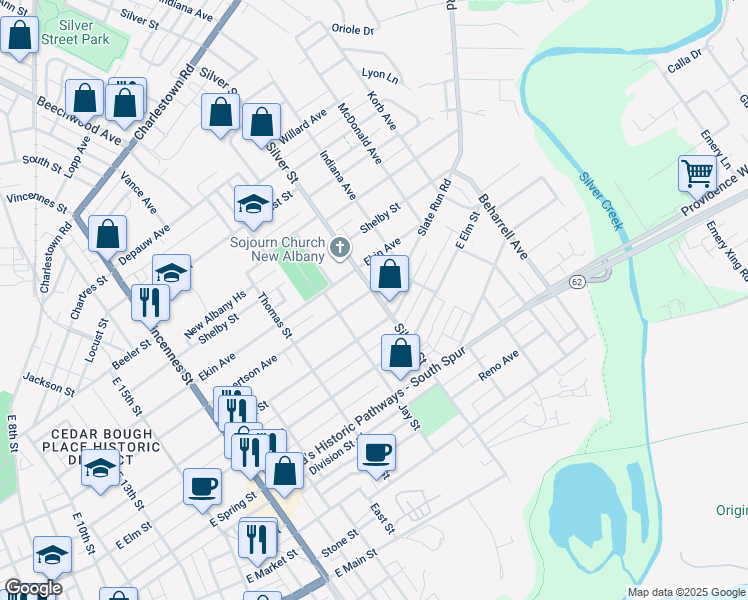map of restaurants, bars, coffee shops, grocery stores, and more near 2025 Culbertson Avenue in New Albany