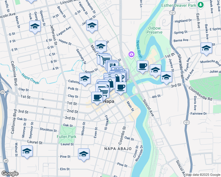 map of restaurants, bars, coffee shops, grocery stores, and more near 1122 1st Street in Napa