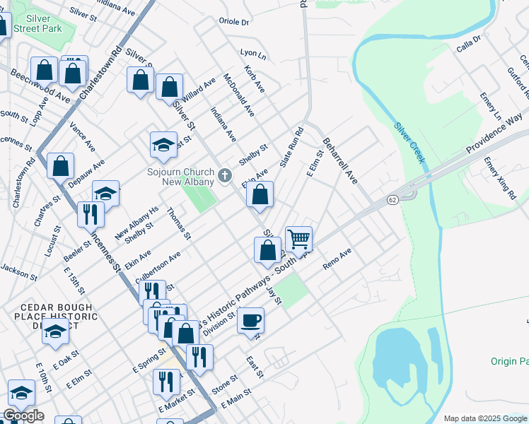 map of restaurants, bars, coffee shops, grocery stores, and more near 2114 Culbertson Avenue in New Albany