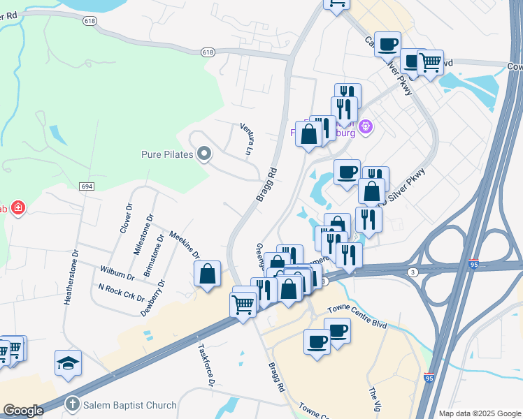 map of restaurants, bars, coffee shops, grocery stores, and more near 1403 Bragg Road in Fredericksburg