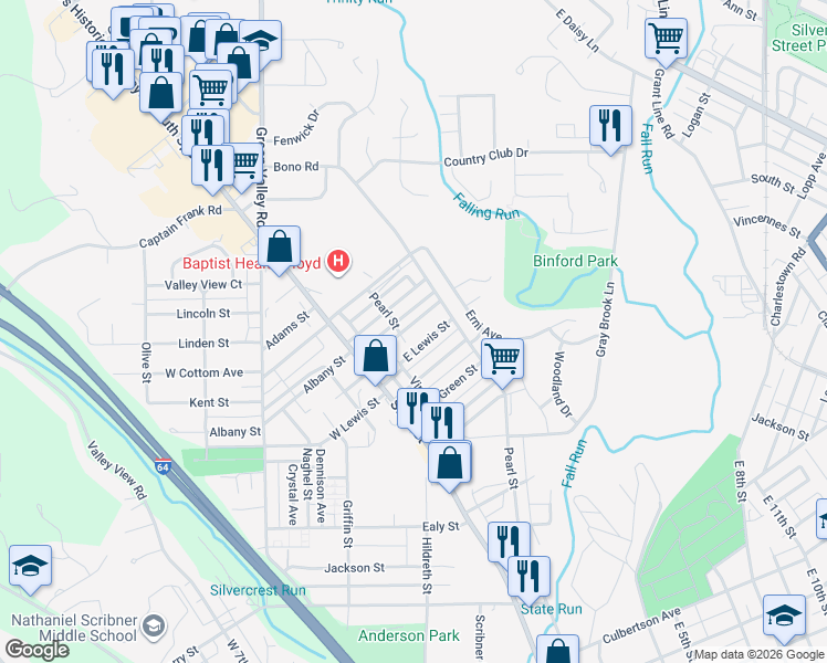 map of restaurants, bars, coffee shops, grocery stores, and more near 220 Conner Street in New Albany