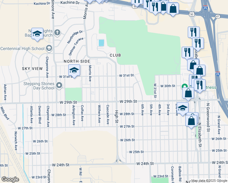 map of restaurants, bars, coffee shops, grocery stores, and more near 1450-1498 West 30th Street in Pueblo