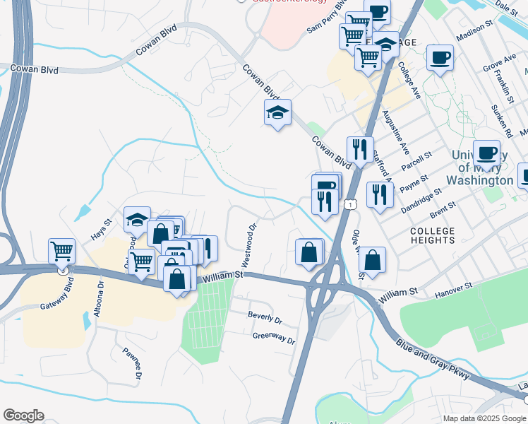 map of restaurants, bars, coffee shops, grocery stores, and more near 142 Woodland Road in Fredericksburg