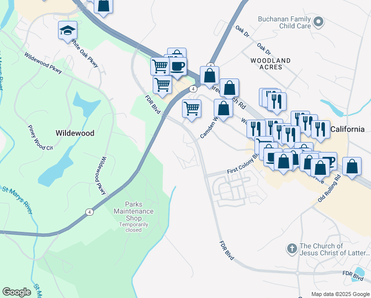 map of restaurants, bars, coffee shops, grocery stores, and more near 45086 Voyage Path in California