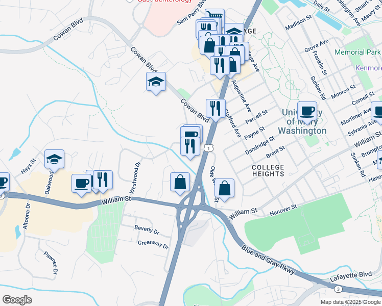 map of restaurants, bars, coffee shops, grocery stores, and more near 1609 Jefferson Davis Highway in Fredericksburg