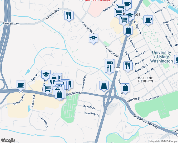 map of restaurants, bars, coffee shops, grocery stores, and more near 142 Woodland Road in Fredericksburg